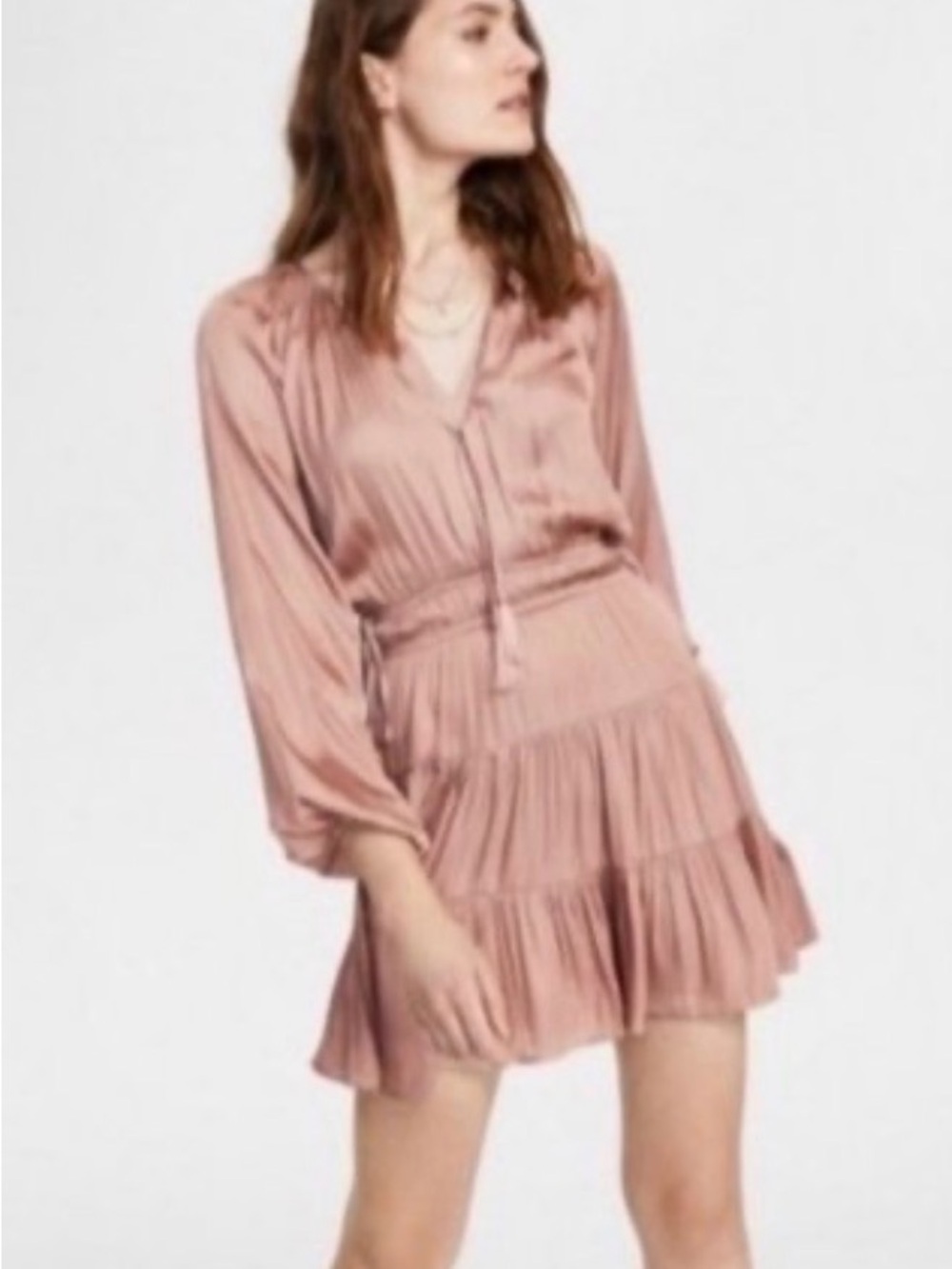 MINKPINK Satin Tiered Long-Sleeve Mini Dress in wDusty Rose *never worn